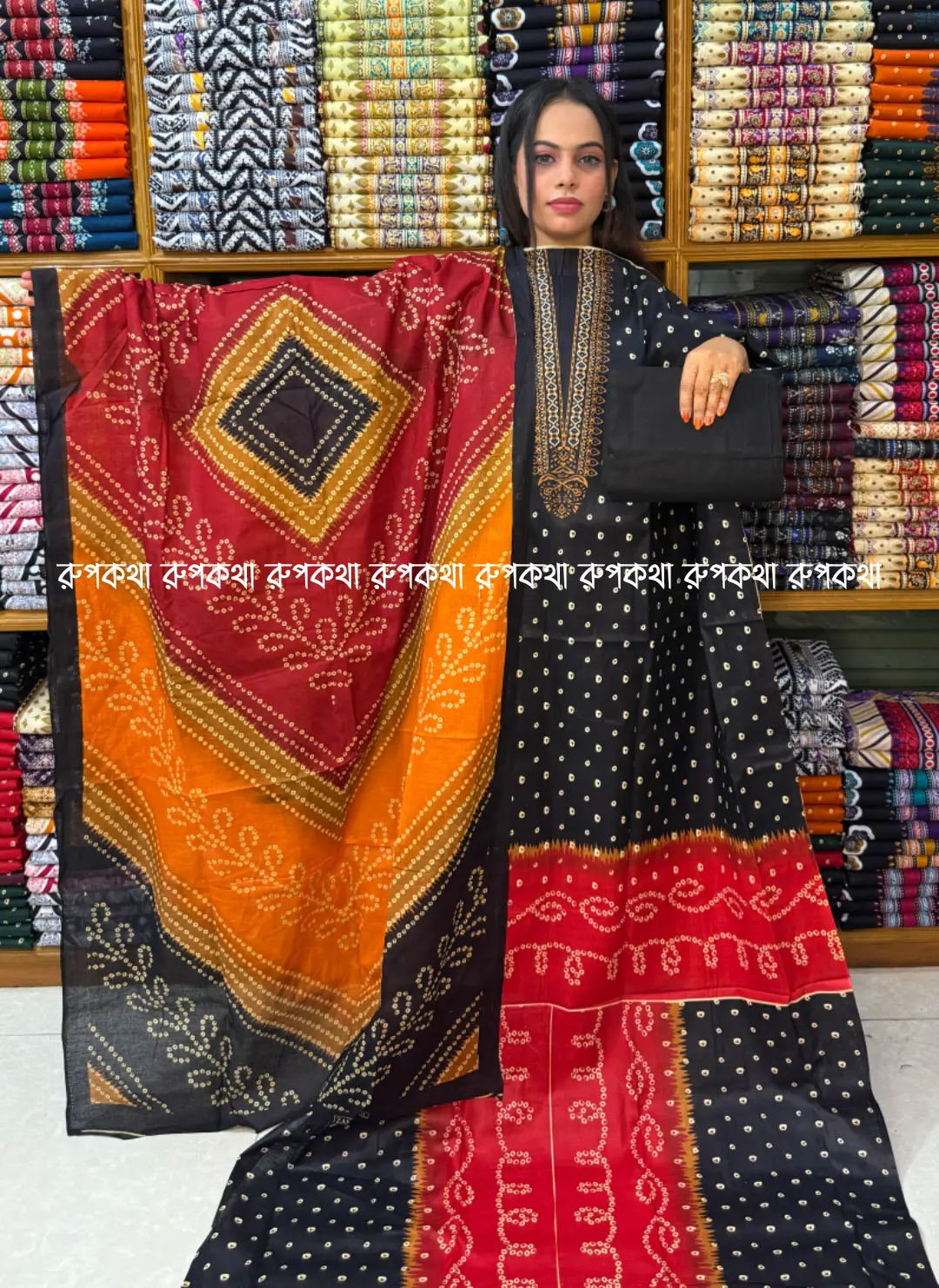 আনস্টিচ প্রিমিয়াম কটন গঙ্গা  থ্রি-পিস জামা + ওড়না + প্যান্ট