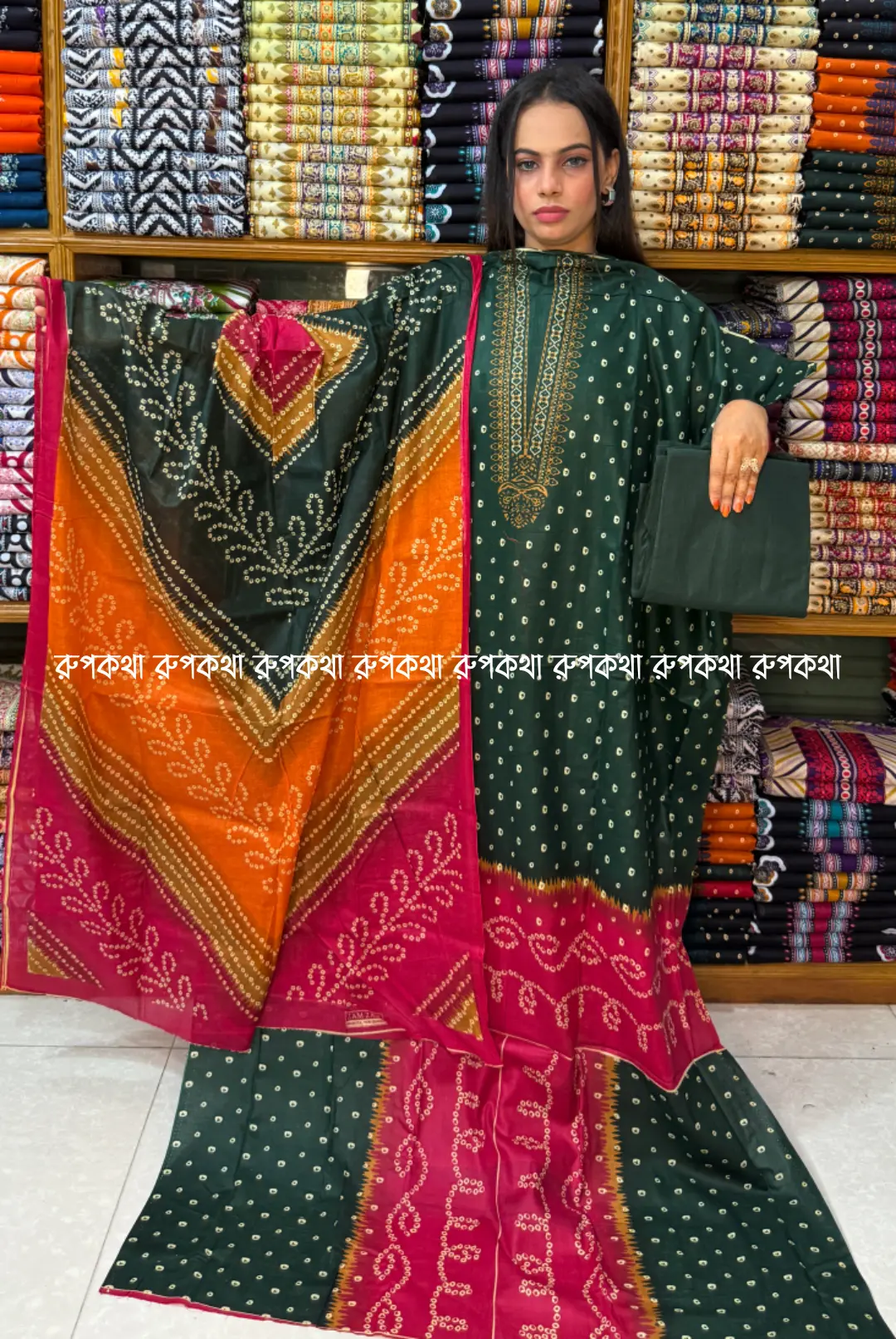 আনস্টিচ প্রিমিয়াম কটন গঙ্গা থ্রি-পিস জামা + ওড়না + প্যান্ট