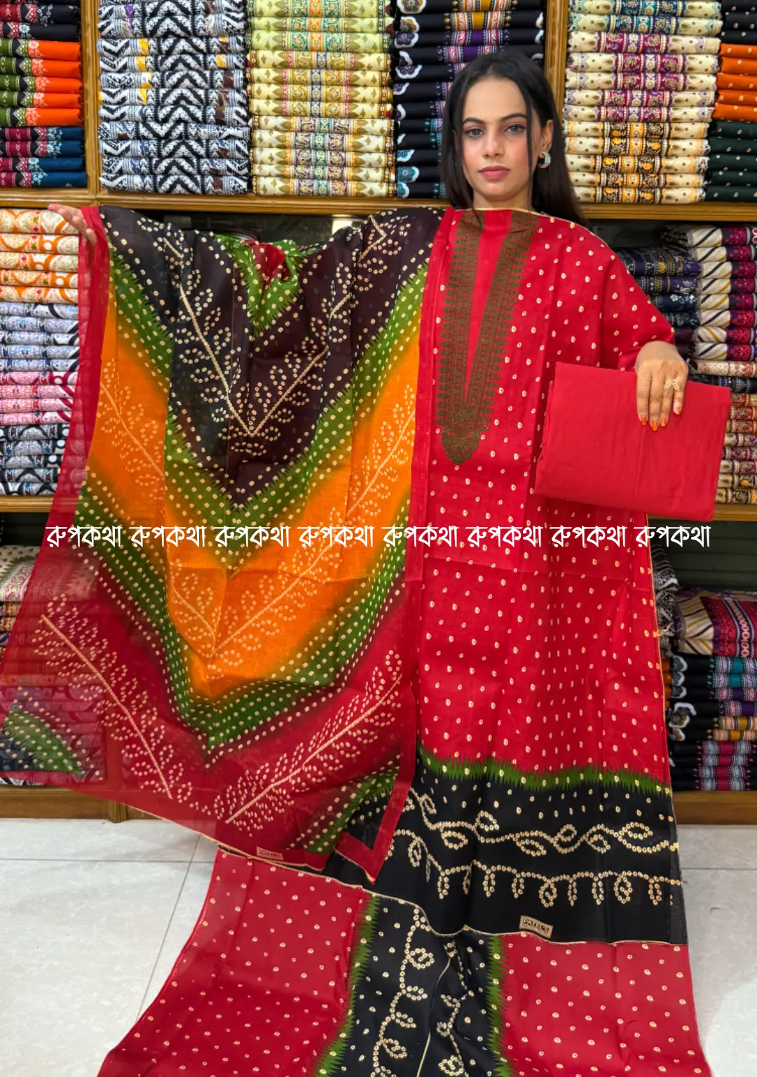 আনস্টিচ প্রিমিয়াম কটন গঙ্গা থ্রি-পিস জামা + ওড়না + প্যান্ট