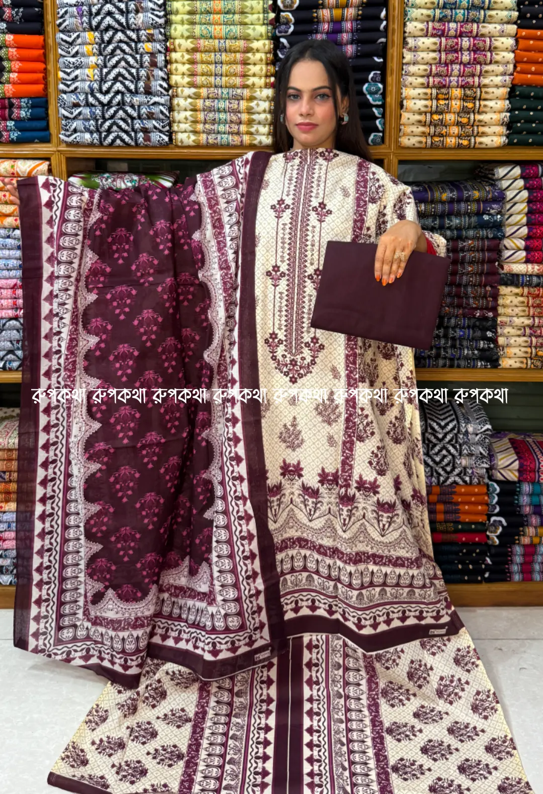 আনস্টিচ প্রিমিয়াম কটন গঙ্গা থ্রি-পিস জামা + ওড়না + প্যান্ট