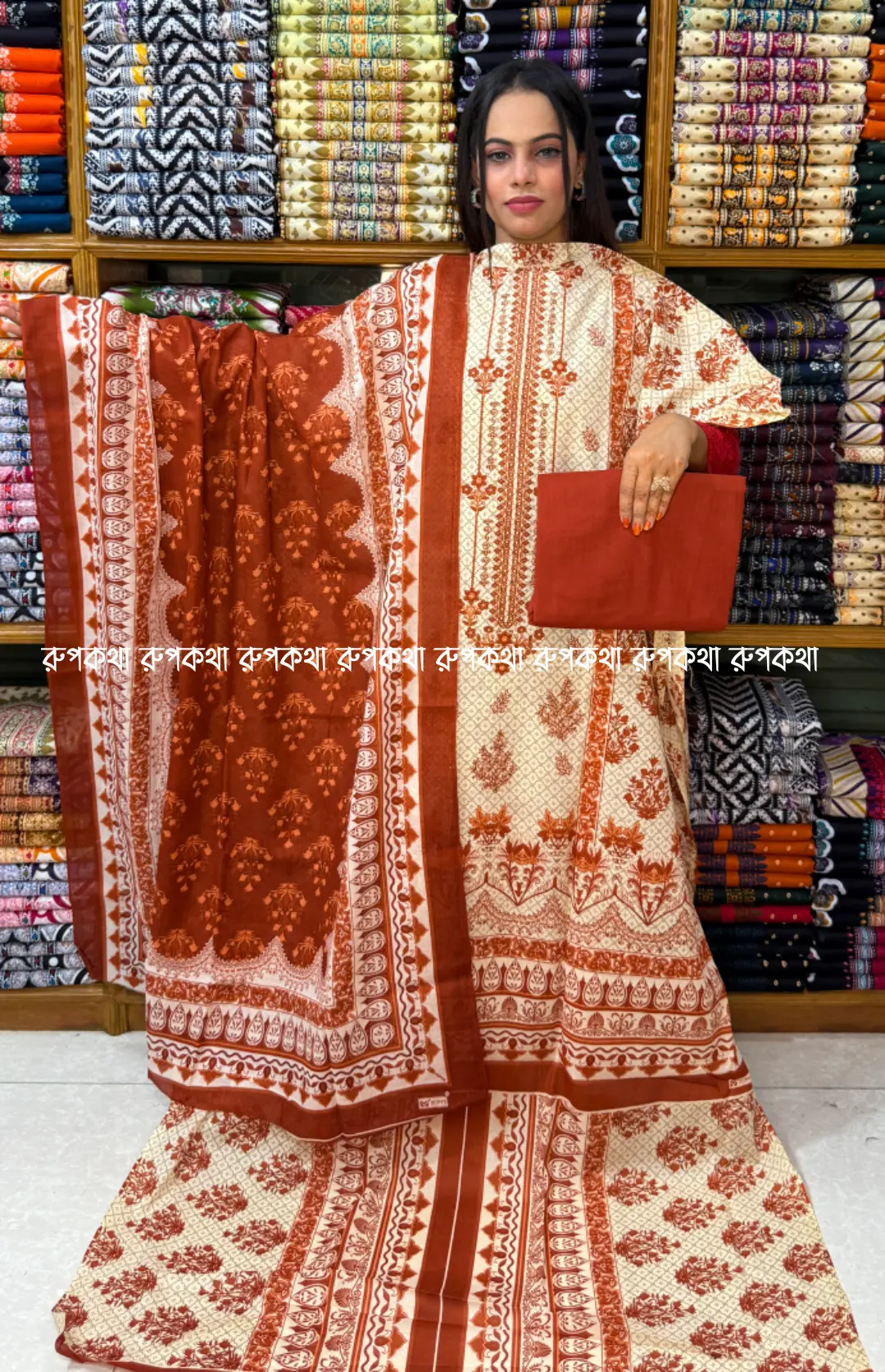 আনস্টিচ প্রিমিয়াম কটন গঙ্গা থ্রি-পিস জামা + ওড়না + প্যান্ট