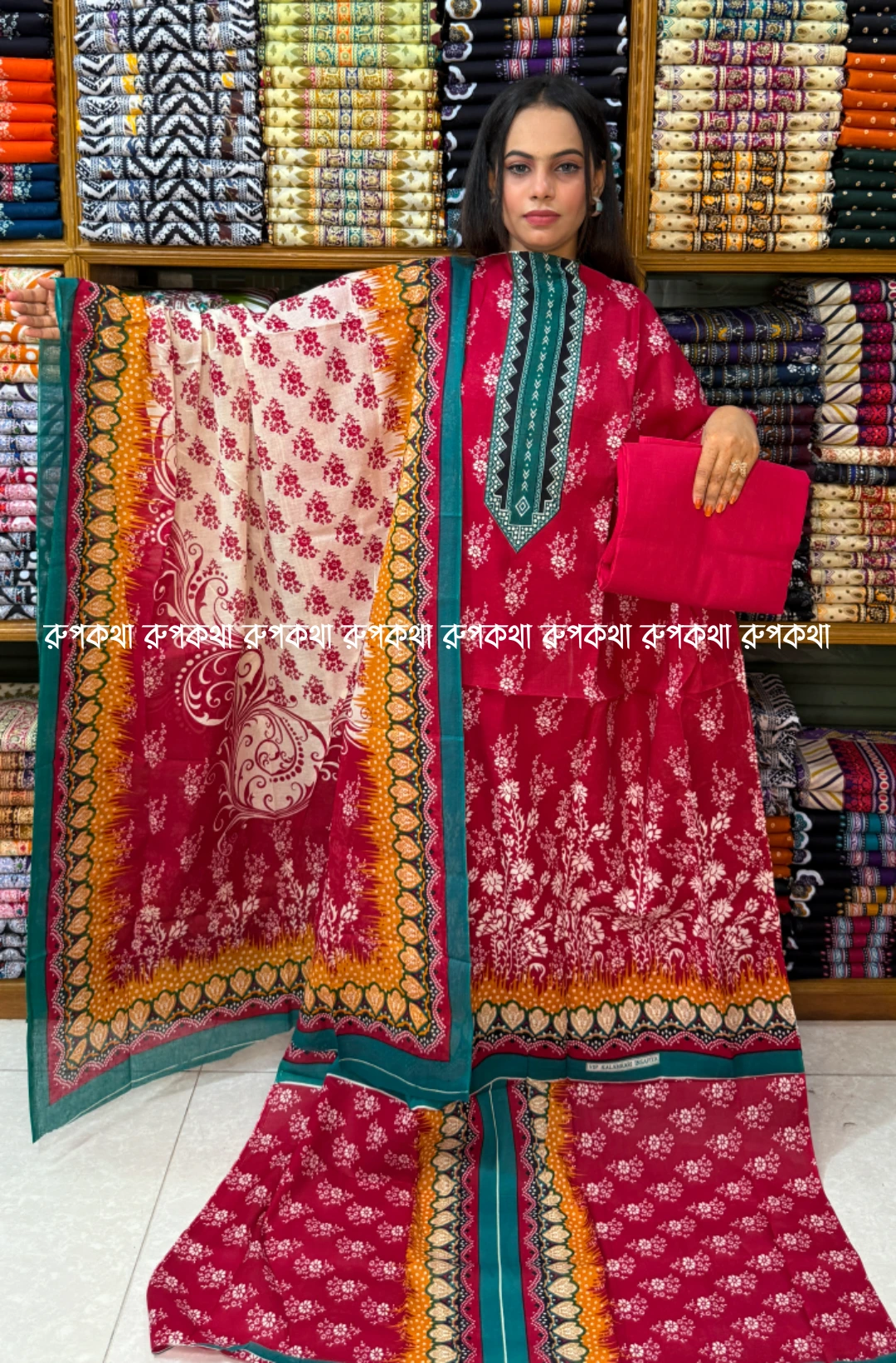 আনস্টিচ প্রিমিয়াম কটন গঙ্গা থ্রি-পিস জামা + ওড়না + প্যান্ট