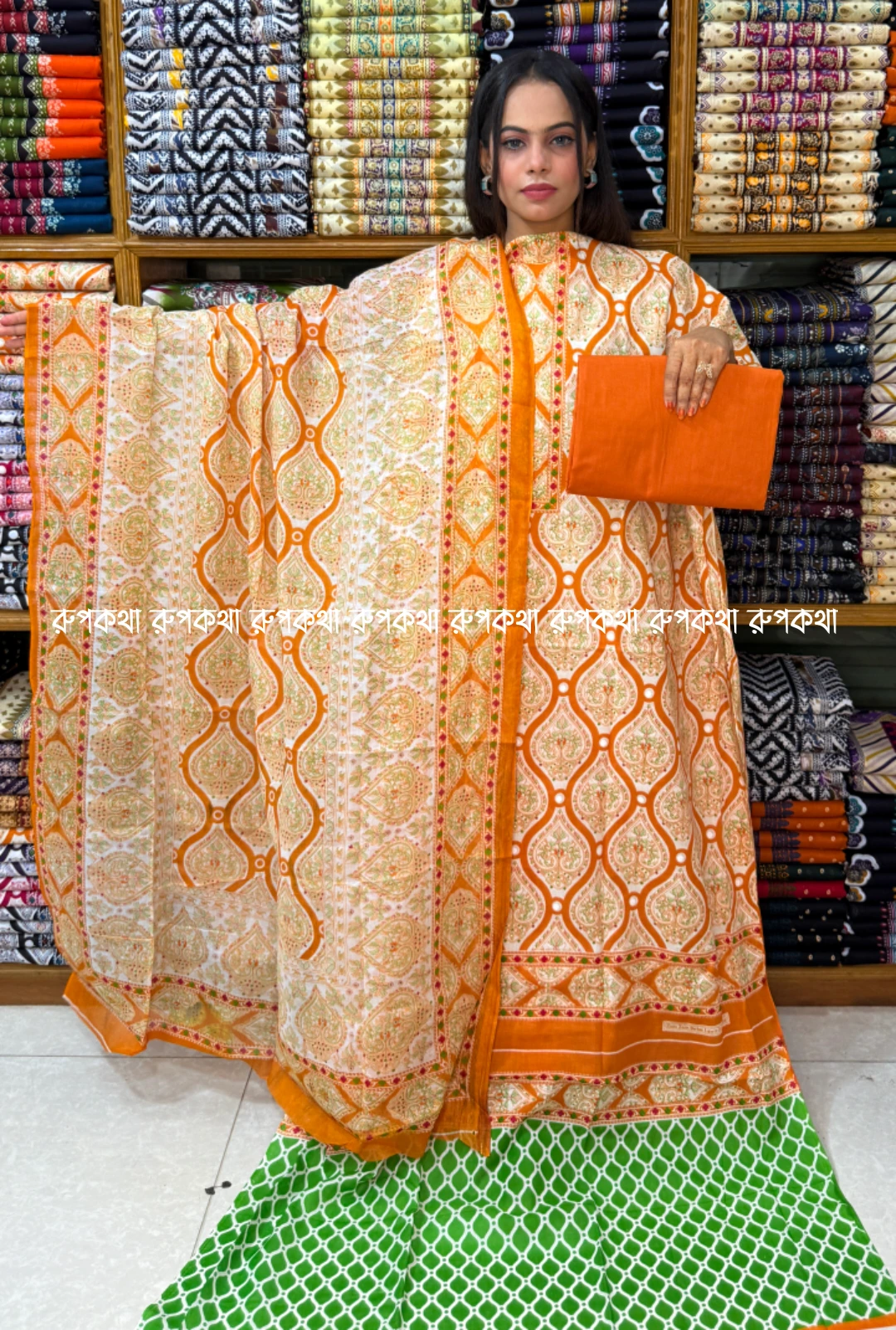 আনস্টিচ প্রিমিয়াম কটন গঙ্গা থ্রি-পিস জামা + ওড়না + প্যান্ট