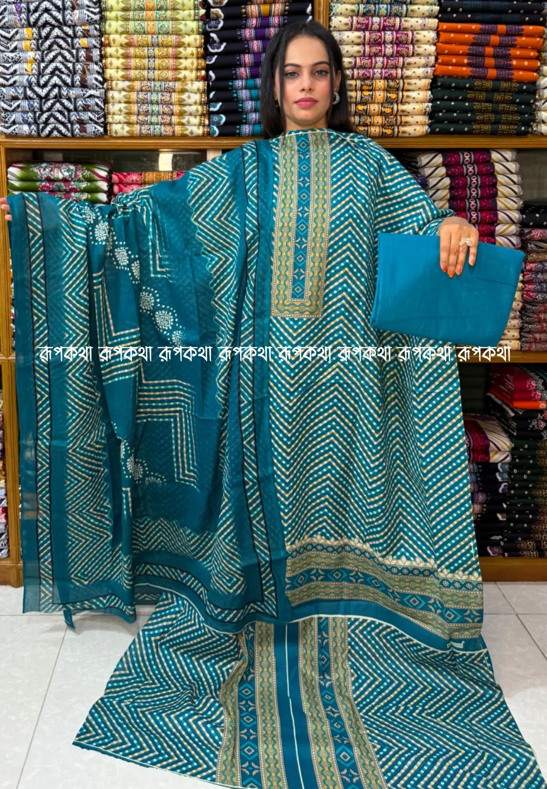 আনস্টিচ প্রিমিয়াম কটন গঙ্গা থ্রি-পিস জামা + ওড়না + প্যান্ট