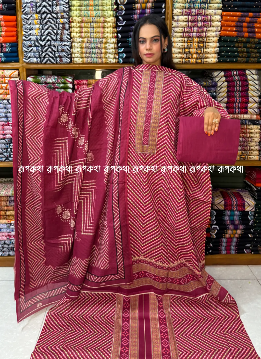 আনস্টিচ প্রিমিয়াম কটন গঙ্গা থ্রি-পিস জামা + ওড়না + প্যান্ট