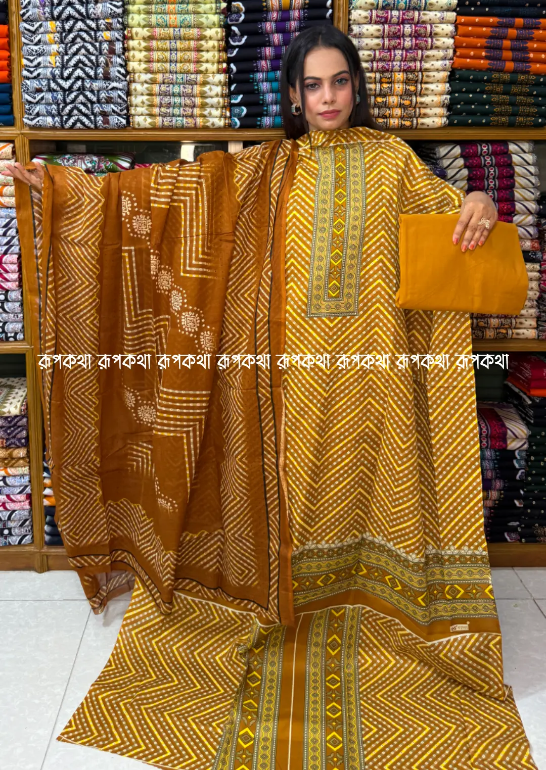 আনস্টিচ প্রিমিয়াম কটন গঙ্গা থ্রি-পিস জামা + ওড়না + প্যান্ট
