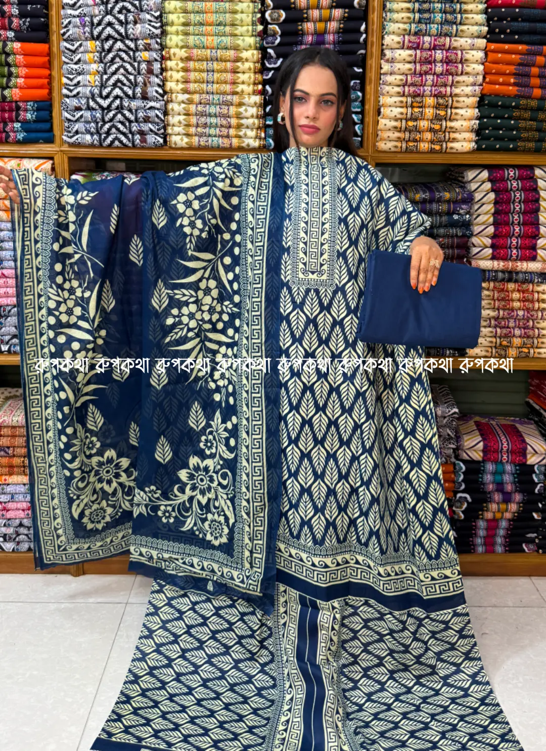 আনস্টিচ প্রিমিয়াম কটন গঙ্গা থ্রি-পিস জামা + ওড়না + প্যান্ট