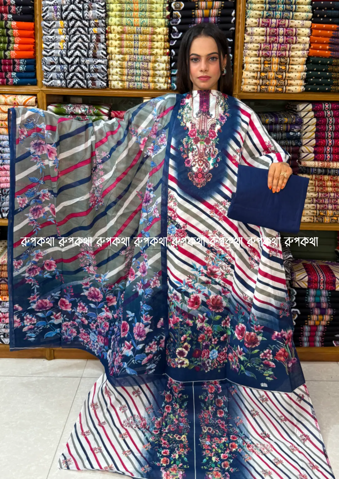 আনস্টিচ প্রিমিয়াম কটন গঙ্গা থ্রি-পিস জামা + ওড়না + প্যান্ট