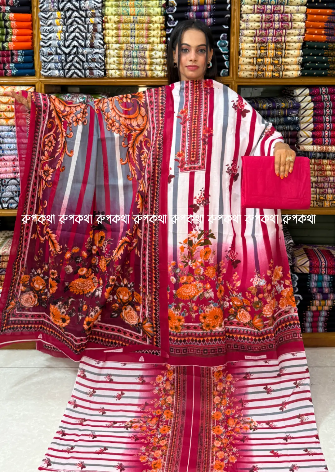 আনস্টিচ প্রিমিয়াম কটন গঙ্গা থ্রি-পিস জামা + ওড়না + প্যান্ট
