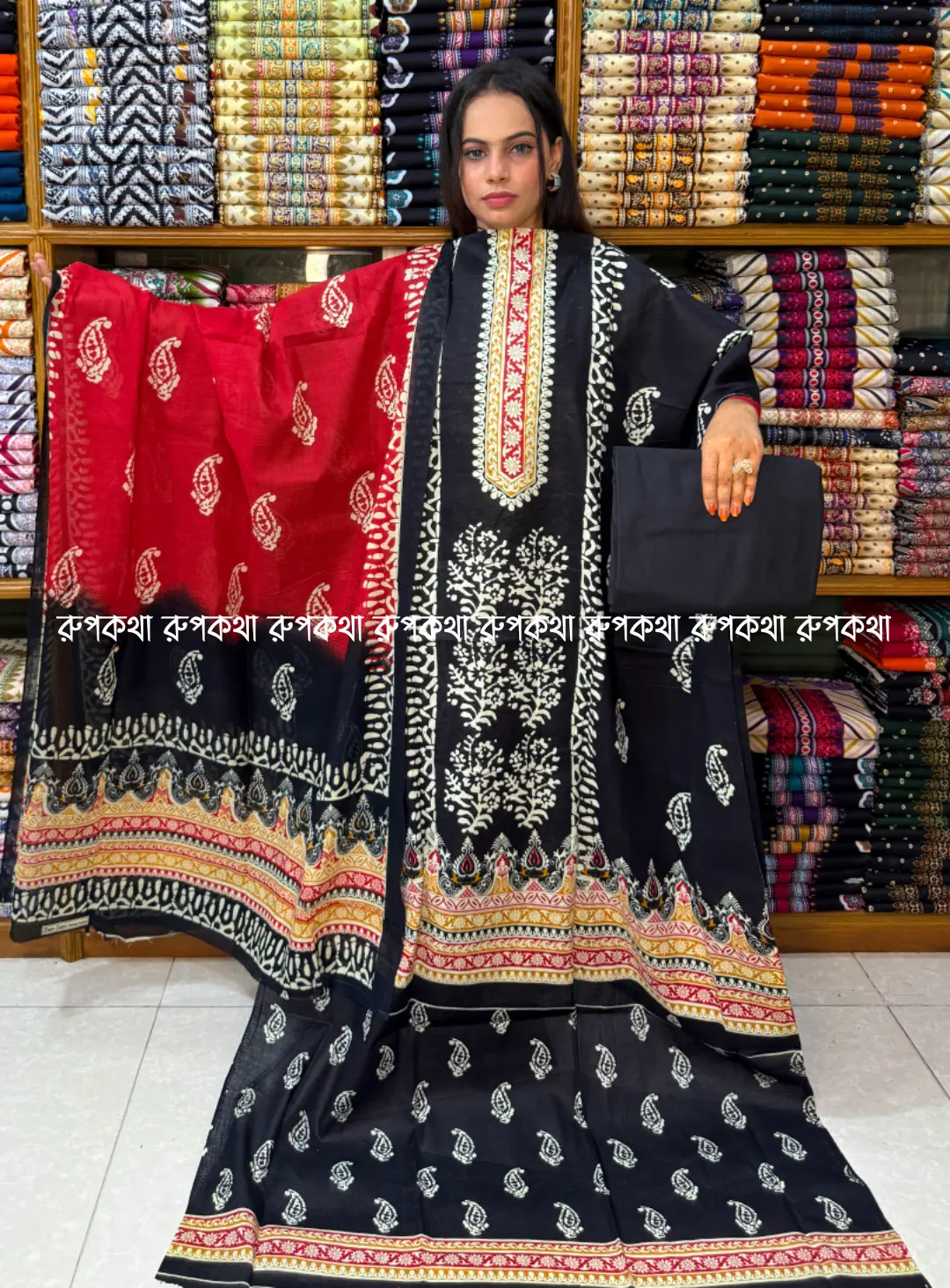 আনস্টিচ প্রিমিয়াম কটন গঙ্গা থ্রি-পিস জামা + ওড়না + প্যান্ট