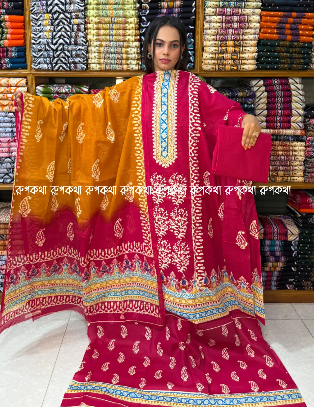 আনস্টিচ প্রিমিয়াম কটন গঙ্গা থ্রি-পিস জামা + ওড়না + প্যান্ট