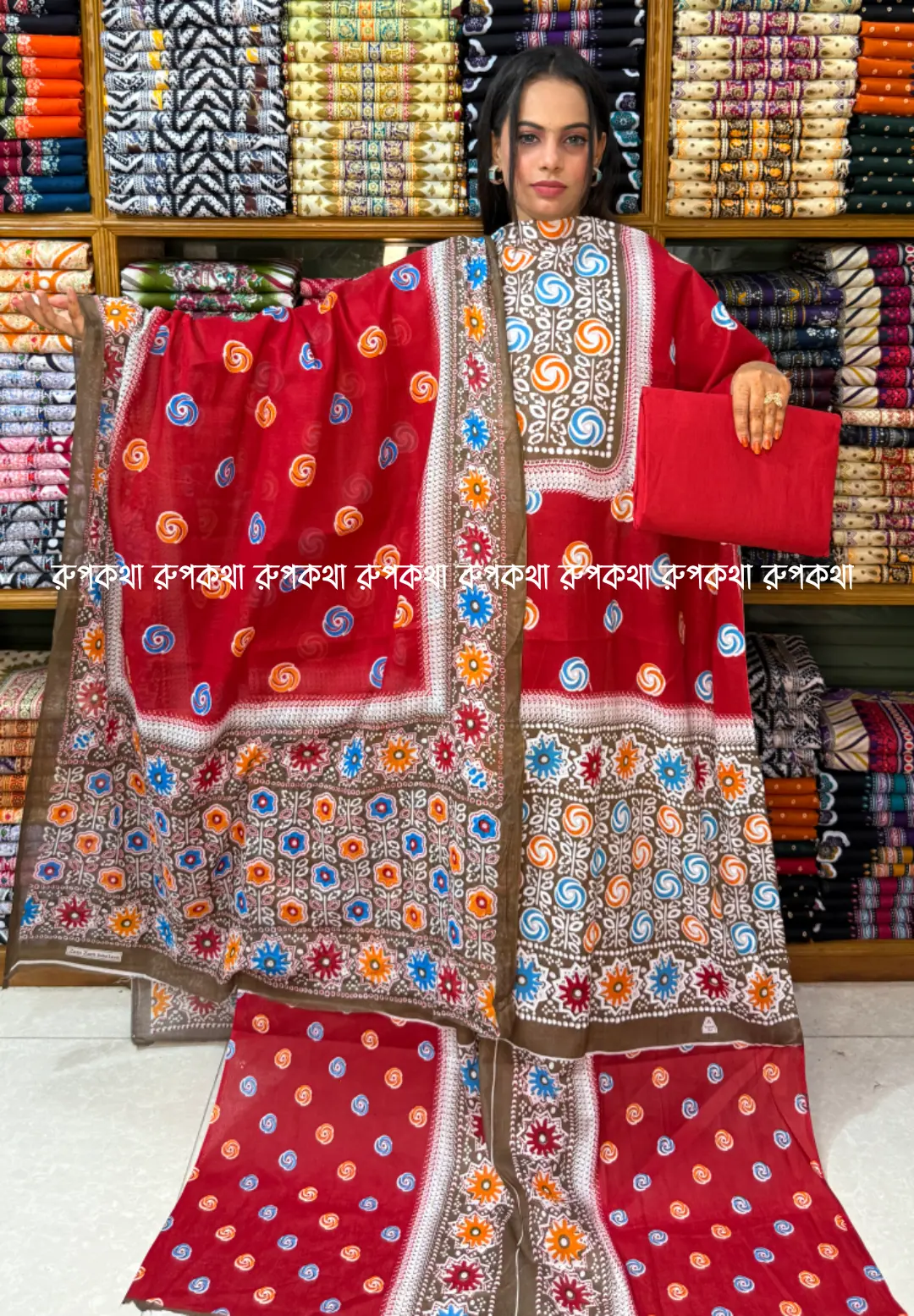 আনস্টিচ প্রিমিয়াম কটন গঙ্গা থ্রি-পিস জামা + ওড়না + প্যান্ট