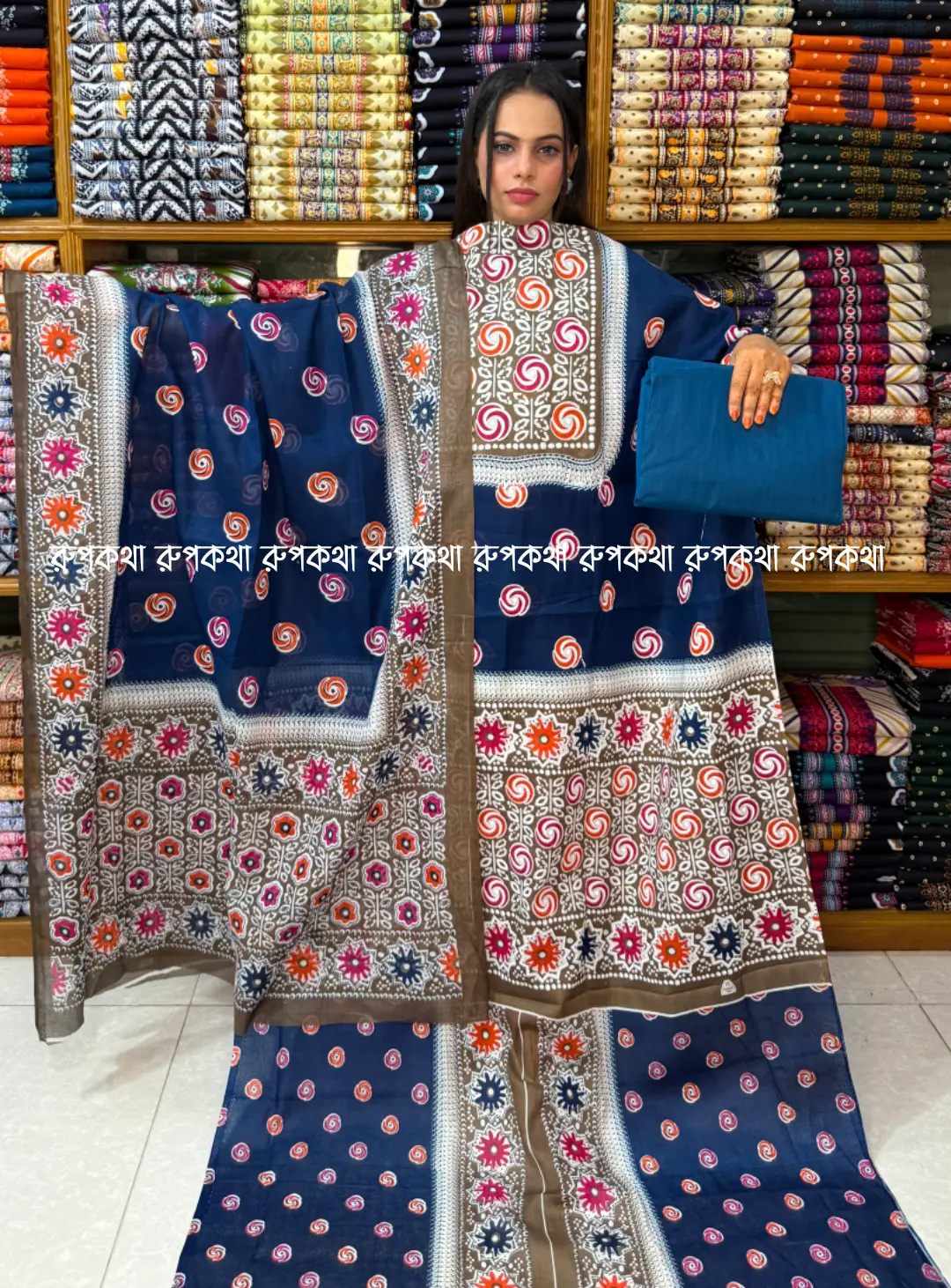 আনস্টিচ প্রিমিয়াম কটন গঙ্গা থ্রি-পিস জামা + ওড়না + প্যান্ট