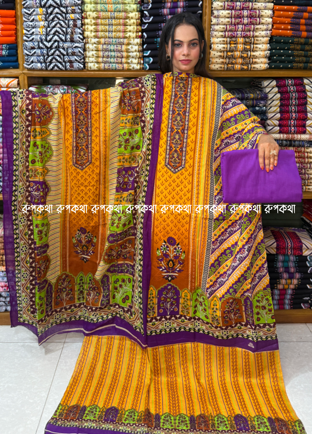 আনস্টিচ প্রিমিয়াম কটন গঙ্গা থ্রি-পিস জামা + ওড়না + প্যান্ট
