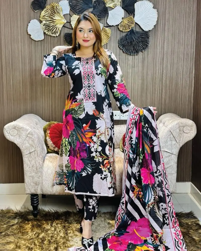 আনস্টিচ প্রিমিয়াম কটন প্রিমিয়াম থ্রি-পিস জামা + ওড়না + প্যান্ট (Z-05)